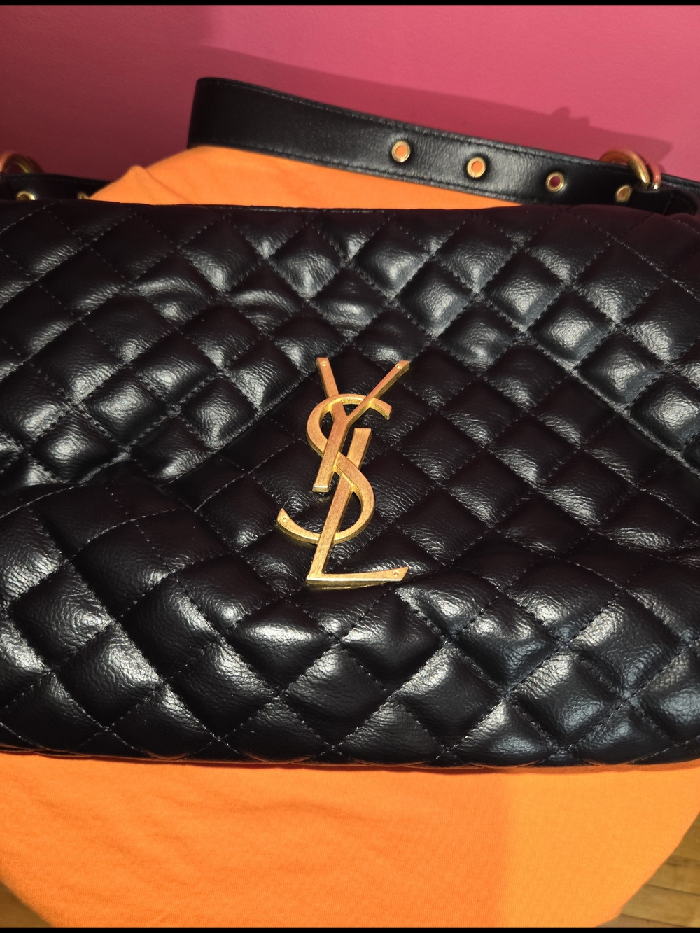 New Black Quilted Tote  Shoulder Bag with Gold